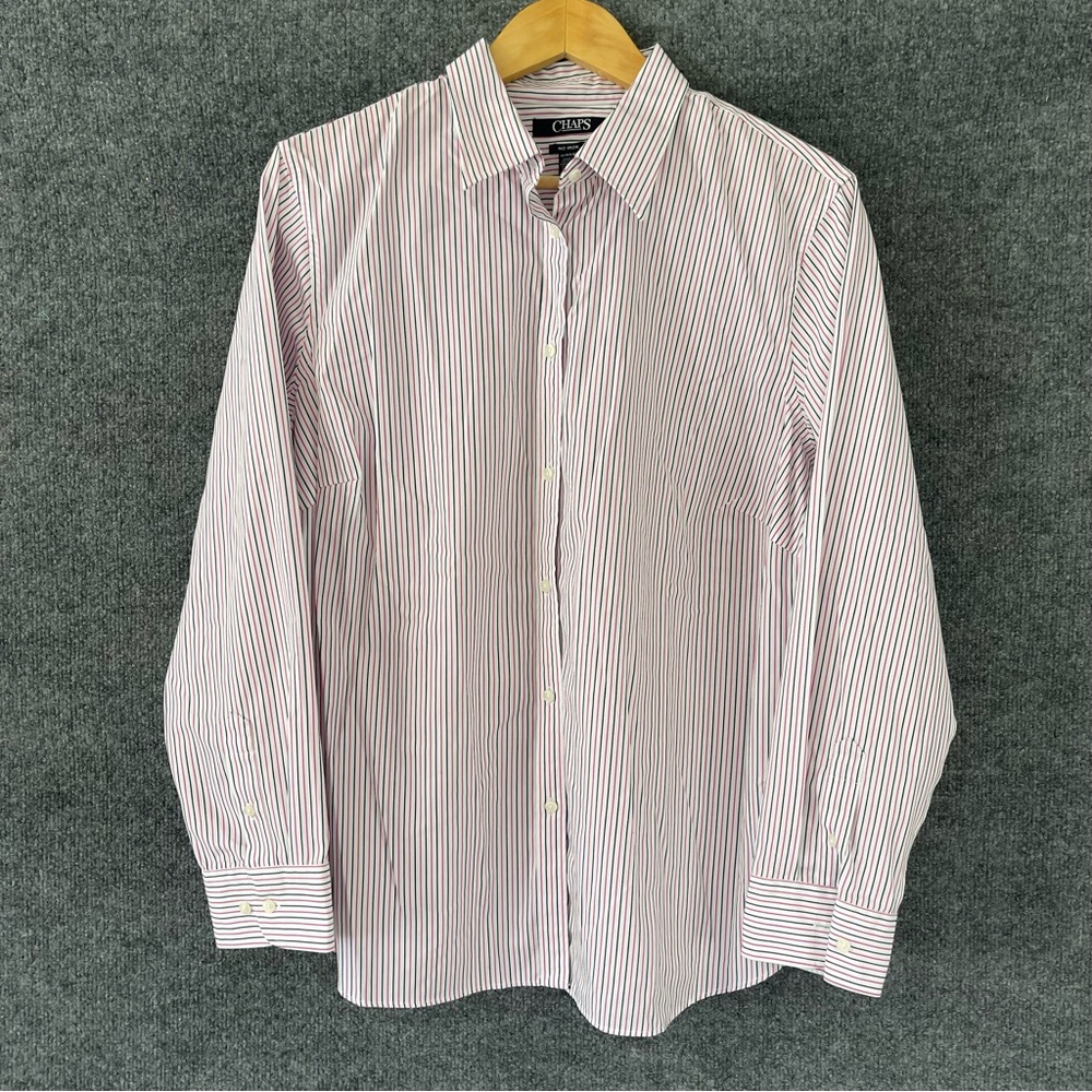 Chaps Womens Striped Button Up Top Size 1X Pink Black Office Career
